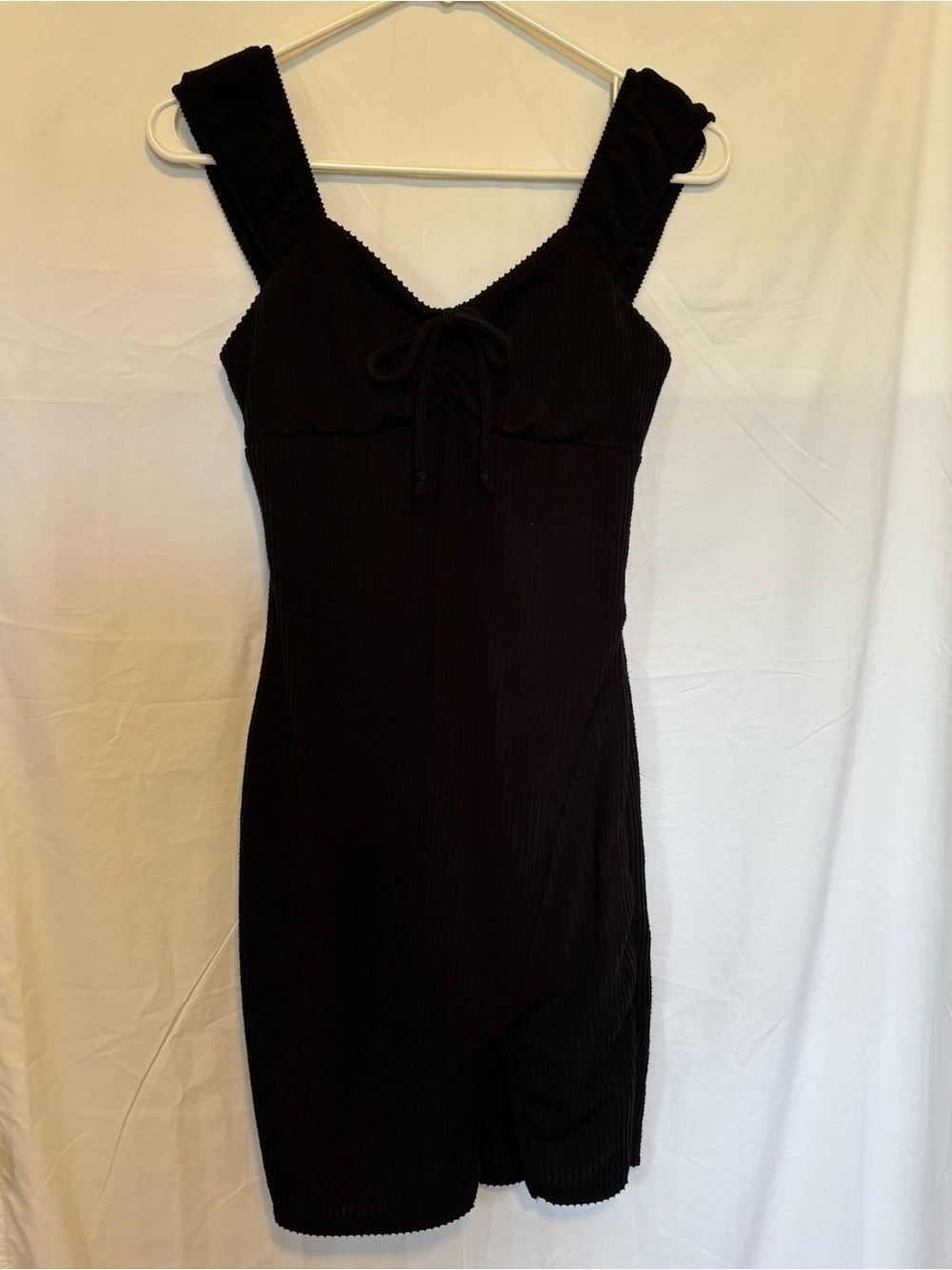 No Boundaries Black Ribbed Mini Dress with Tie Front